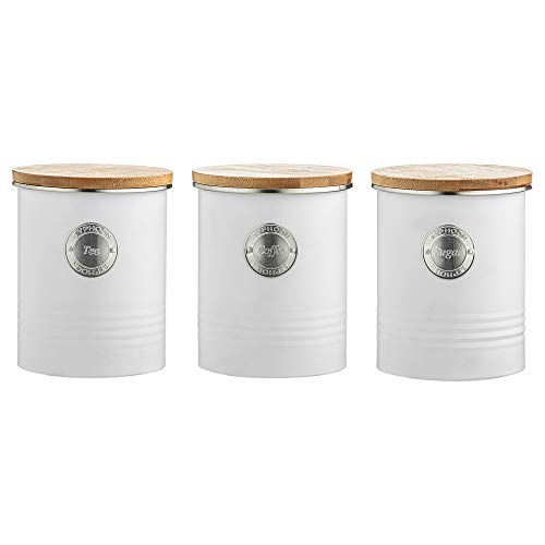 Typhoon Arctic - Juego de 3 tarros redondos de almacenamiento para té, café y azúcar con tapas de bambú herméticas, 1 litro
