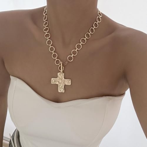 ZMANYIJEW Big Cross Necklace Chunky Statement Gold Cross Pendant Necklace Bold Hammered Cross Necklace Thick OT Buckle Chain Chunky Gold Statement Cross Pendant Necklace4