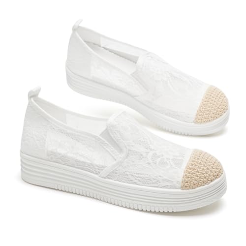 GLAMORA Bailarinas Mujer Manoletinas Zapatos Planos Slip On Transpirables Encaje Verano Suela Goma Antideslizante Plataforma Ligera Cómodos Calados Mocasines Elásticos white 38