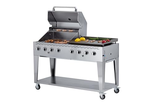 METRO Professional Barbacoa de Gas con 8 Quemadores y Plancha, Acero Inoxidable, 30.4 kW, Encendido Eléctrico, Estante Inferior, 4 Ruedas, Funda de Poliéster 600D, Plata