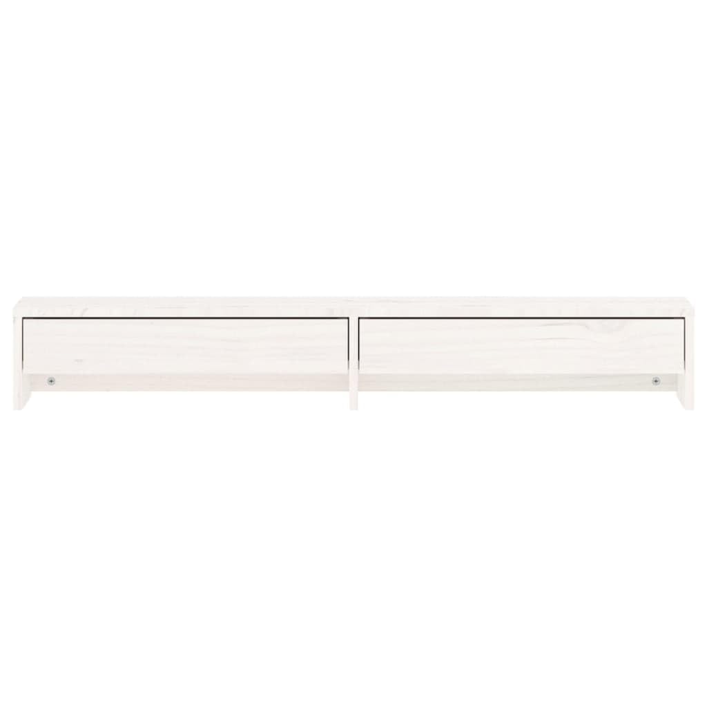 Supporto per monitor in legno di pino, supporto da scrivania con 2 cassetti, bianco, 100 x 27 x 15 cm, rialzo per monitor per ufficio e home office