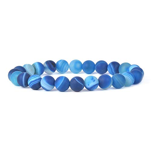 Justinstones Matte Dyed Blue Brazilian Agate Gemstone 8mm Round Beads Stretch Bracelet 7 Inch