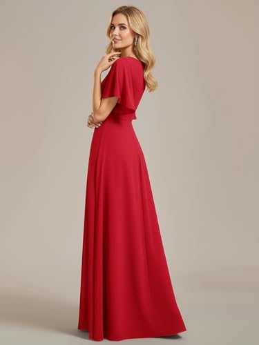 Image of Ever-Pretty Women's Spring Short Sleeve Bridesmaid Dresses V-Neck Chiffon Ruched Empire Waist Appliques Long Formal Dress