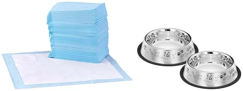 Image of AmazonBasics Pet Training and Puppy Pads with Leak-Proof Quick-Dry Design, Regular - 50 Piece & Amazon Basics Stainless Steel Printed Pet Bowl, 700ml Pack of 2