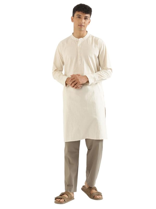 Image of SAADAA Men's Long Kurta - Linen Cotton Blend, Airy Fabric, Regular Fit, Mandarin Collar, Solid Color - Casual, Festive & Ethnic Wear