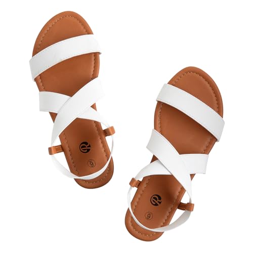 Rekayla White Sandals Women's Flat Sandals with Elastic Straps, Slip On Casual Summer Shoes, Size 7.5