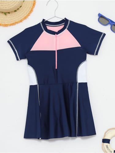 Teen Girls One-Piece Short Sleeve Swim Dress Swimsuit Bathing Suit Rash Guard Swimwear Dresses4