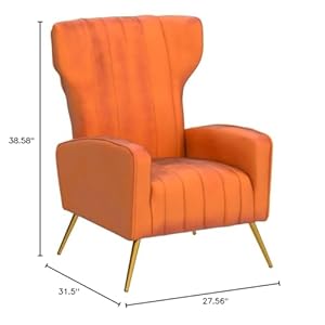 Armchair modern velvet accent chair channel tufted bedroom office or living room furniture with elegant metal legs orange red  urban country home decor