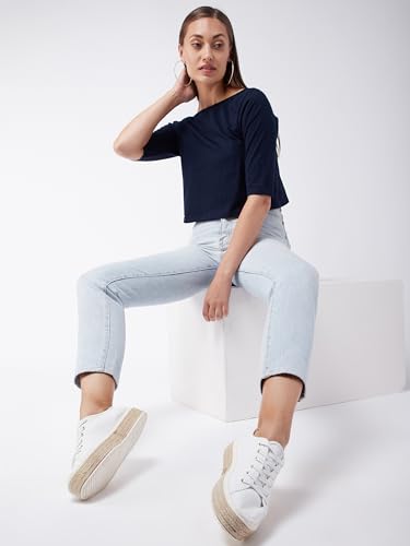 Image of Miss Chase Women's Black Boat Neck Half Sleeves Casual Buttoned Crop Top