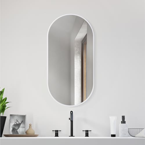 Navaris Espejo ovalado - Espejo marco blanco de pared 75 x 38 cm - Para entrada recibidor baño salón tocador - Forma oval - Marco aluminio inoxidable