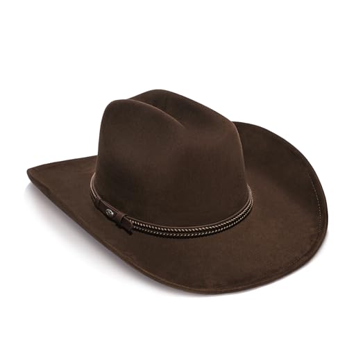 YOUBADU Faux Suede Felt Western Cowboy Hat for Women or Men, Wide Brim, Rivet Strap (US, Alpha, One Size, Medium, Crown Brown Braid)