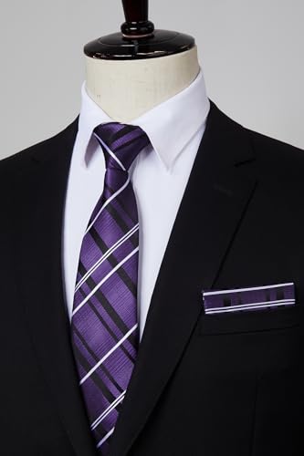 Image of HISDERN Mens Ties Set Stripe Plaid Ties for Men and Pocket Square Cufflinks Formal Silk Necktie Wedding Business