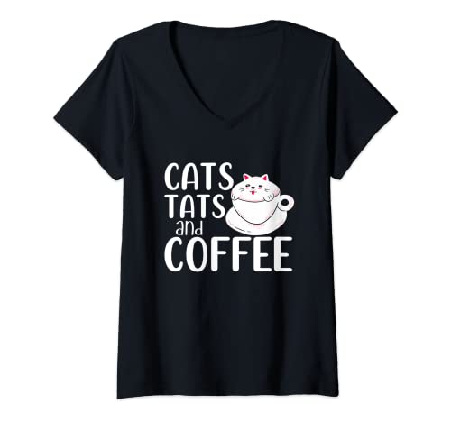 Womens Cats Tats And Coffee Shirt Cat Owner Coffee Lover Tattoo Art V-Neck T-Shirt