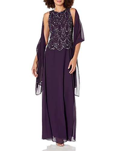 Image of J Kara Womens Plus Size Sleeveless Beaded Pop Over Long Dress with Scarf