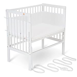 FabiMax Baby Beistellbett für Boxspringbett, stufenlos höhenverstellbar, Buchenholz massiv weiß lackiert, inkl. Matratze Classic und Netz-Nestchen weiß