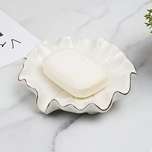 Polyroyal Ceramic Self Draining Soap Dish White Lotus Leaf Soap Holder Waterfall Soap Dish Soap Savers For Bar Soap, For Bathroom thumb #1