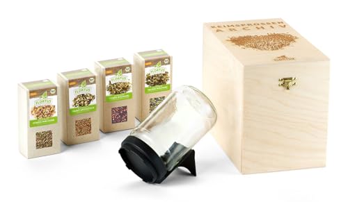 FLORTUS BIO Keimsprossen Archiv Geschenkbox - inkl. 4x Sprossen Mix | Fitness, Helden, Power & Pikante Mischung | Geschenkset mit Sprossenglas | Keimsprossenbox Holzbox mit Deckel