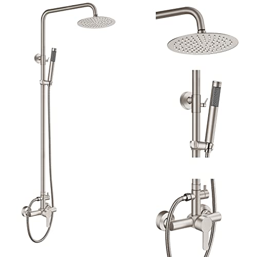 Aolemi Outdoor Shower Faucet SUS304 Shower Fixture Combo Set Stainless Steel 8 inch Rainfall Shower Head Kit Single Handle High Pressure Hand Spray Wall Mount 2 Function Brush Nickel Single Handle