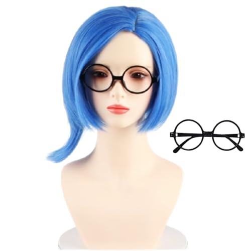COSPLAZA Sadness TRISTEZZA Parrucca blu mista corta naturale ondulata da donna Parrucche per cosplay di Halloween Parrucca con riga laterale + montatura per occhiali