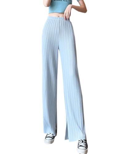 Betusline Women's Casual Elastic Waist Slit Wide Leg Pants