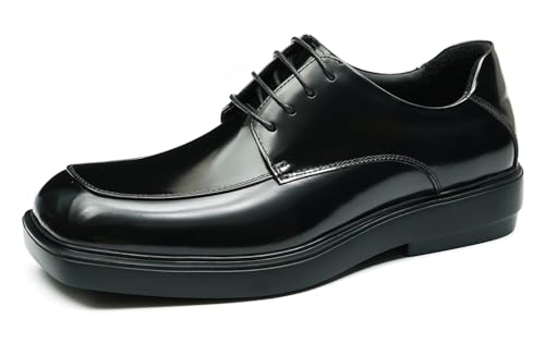 Santimon Genuine Leather Oxfords Black Dress Shoes for Men - Fashion Formal Square Toe Derby for Prom Wedding Tuxedo Business Causal