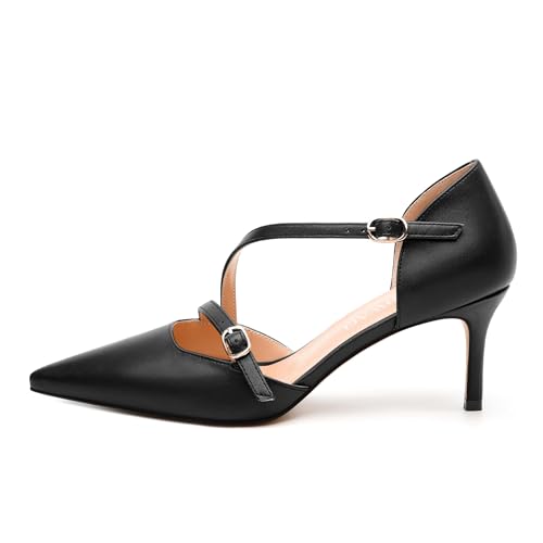 Pointed Toe Stilettos - Mid Heel Pumps with Backstrap Buckle, Solid Color Dress Heels for Office, Parties & Daily Occasions2