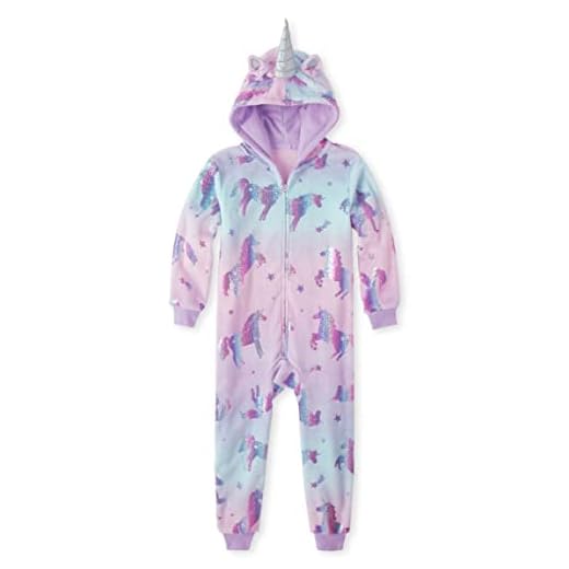 The Children's Place Baby Girls' Long Sleeve Fleece Zip Up Onesie Pajama, Unicorn FOIL, Medium (7/8)