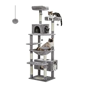 PAWZ Road Large Cat Tree, 184cm Cat Tower for Large Cats, Cat Condo with Sisal-Covered Scratching Posts and Pads, 2 Padded Perch, Dual Condo and Basket for Indoor Cats-grey