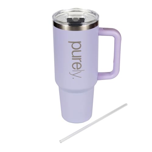 PURELY 40 oz Ceramic Lined Insulated Tumbler with Handle, Leak Resistant 2-way Lid and Straw, Ceramic Lined Travel Mug (Purple, 40oz)