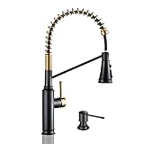 Achelous Black and Gold Farmhouse Kitchen Faucet with Soap Dispenser,Modern Pull Down RV Kitchen Sin