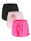 ATTIQOZI 3 Pack Butterfly Shorts Girls Flowy Shorts with Pocket 2-in-1 Athletic Running Soccer Bike Short for Teen Girls Black/Pink/Hot Pink S