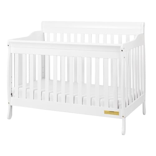 Image of Pemberly Row 4-in-1 Convertible Crib, 55 inch W x 34 inch D x 42 inch H, Solid New Zealand Pine Wood, White Finish, Includes Toddler Guardrail, Adjustable Mattress Support, Eco-Friendly Baby and Kids Room