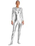 [Moggemol] 女性用 光沢 メタリック ユニタード ワンピース ジッパー フロント 全身タイツ ゼンタイ キャットスー 銀 2XL