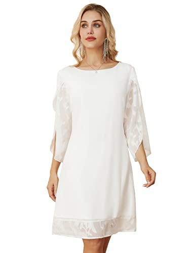 Damen Loose Fit Midi Abend Party Kleid Chiffon Kleid Langarm L Weiß-Blume...