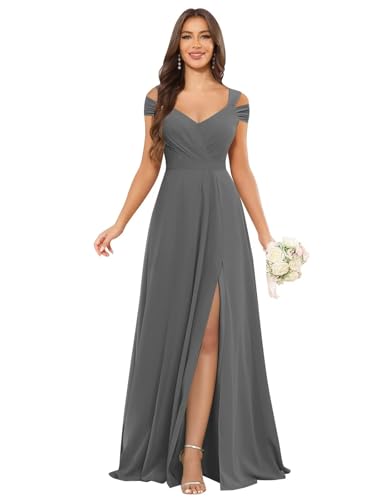 Image of petyoo Off Shoulder Chiffon Bridesmaid Dresses with Slit Long Formal Evening Dress