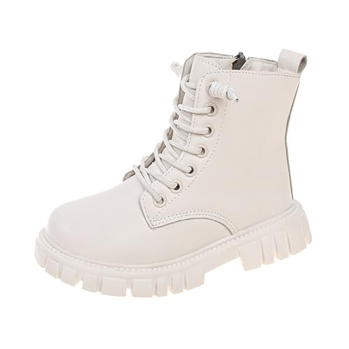 Botines para niños y niñas, 32 básicos, suelas suaves, de piel, informales, cómodas, con cordones, de piel sintética, color sólido, botines de princesa, minimalistas, modernas, planas, Blanco, 35 EU