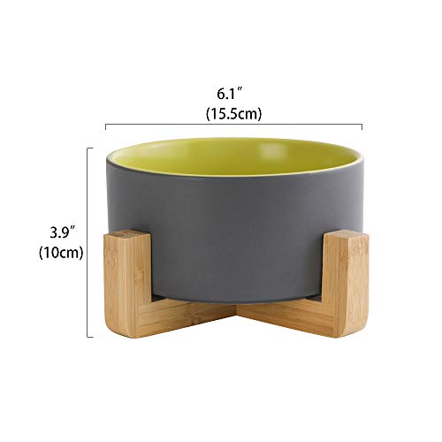 Image of Gray Green Ceramic Dog Bowl with Wood Stand No Spill Pet Food Water Feeder Cats Small Dogs