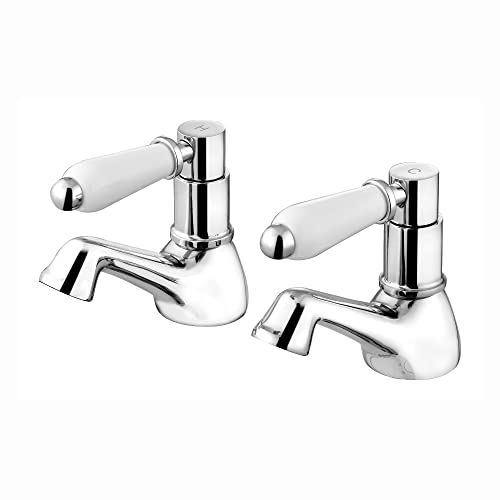 ENKI, Downton, BT0516 Hot and Cold Bath Taps (not Basin Taps) with White Ceramic Levers Chrome, 3/4 to Bathtub Connection