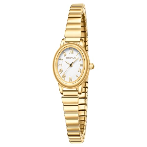 BOFAN Small Gold Watches for Women Easy Read Ladies Quartz Wrist Watch with Oval Case Roman Dial Stainless Steel Expansion Band Waterproof(6.10in-6.89in)