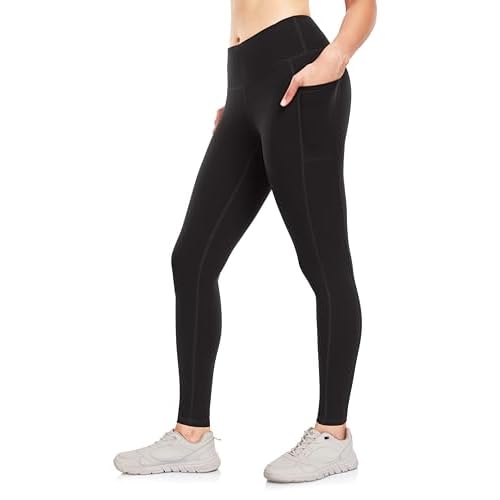IBL Womens Buttery Soft Leggings with Pockets, High Waisted Compression Workout Lounging Yoga Pants 27" with Pockets Small Black