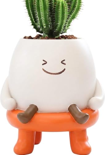 Image of Cute Face Plant Pot with Stool, Funny Resin Planter with Legs, Small Indoor Succulent Flower Pot for Desk, Living Room, Office Decor, Decorative Head Planter, Orange