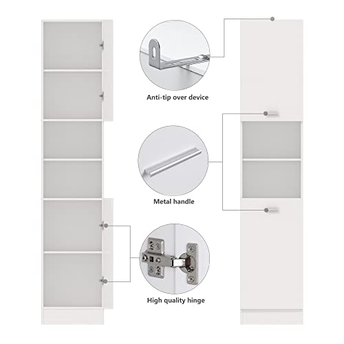 Rarzoe Tall Kitchen Pantry Cabinet, Linen Tower Narrow Freestanding Bathroom Storage Cabinet With Cupboards & 5 Tier Adjustable Shelves For Kitchen Bathroom Living Room Bedroom Office, White #TOP4