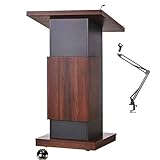 Mfallon Portable Podium with Locking Wheels, Office Conference Room Mobile Podium Table, Wooden Lecture Podium Reception Desk, Inclined Floor Podium, 60 * 70 * 118 CM (Brown)