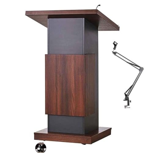 Mfallon Portable Podium with Locking Wheels, Office Conference Room Mobile Podium Table, Wooden Lecture Podium Reception Desk, Inclined Floor Podium, 60 * 70 * 118 CM (Brown)