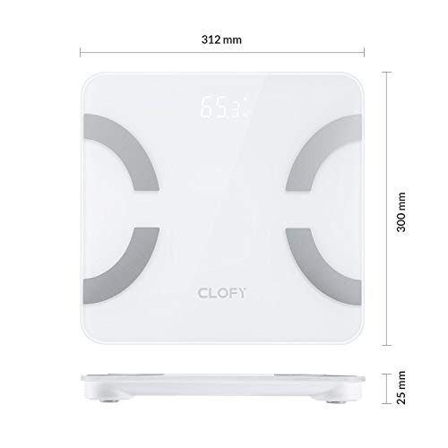 CLOFY Körperfettwaage Personenwaage mit APP aus Gehärtete Glas mit LCD-Display, Körperanalysewaagen? Wireless Smart digitale Waage, 28st / 180kg / 400lb, Weiß