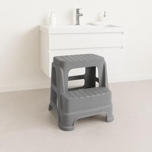 Çocuk Basamak Taburesi 2 Katlı Kaydırmaz; Bebek Tuvalet Eğitimi ve Banyo Lavabo Basamağı, Çocuklar için Plastik Pratik Yükseltici Tabure (gri)