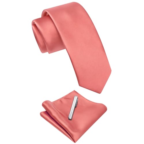 Image of YourTies Skinny Ties for Men Satin 2.4 inch Slim Necktie with Pocket Square Tie Clip Set Solid Color Wedding Party Business