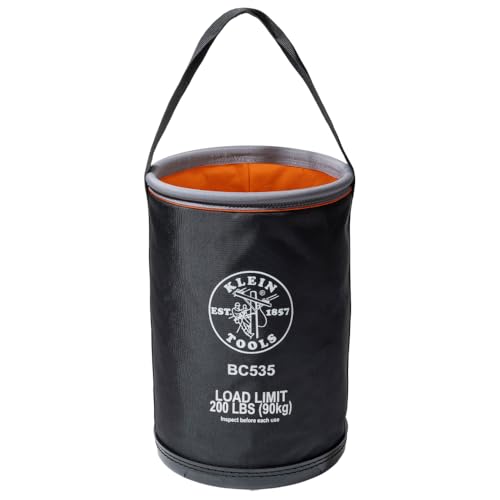Klein Tools BC535 Straight Bucket 17-Inch Utility Bucket 200-Pound Load 1680D Nylon Drain Holes Reinforced Straps Hi-Vis Orange Interior
