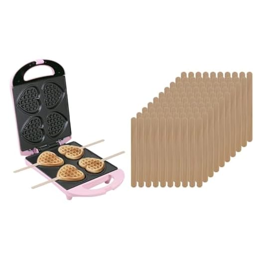 Bestron Waffeleisen für Herzwaffeln am Stiel, Waffelmaker mit Antihaftbeschichtung für Herzform-Waffeln, Retro Design, 780 Watt, Farbe: Rosa & Silikomart 193080 Eisstiele, 100 Stück