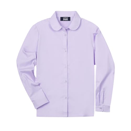 Image of LittleSpring Girls Long Sleeve Uniform Shirts Peter Pan Collar Poplin Blouse
